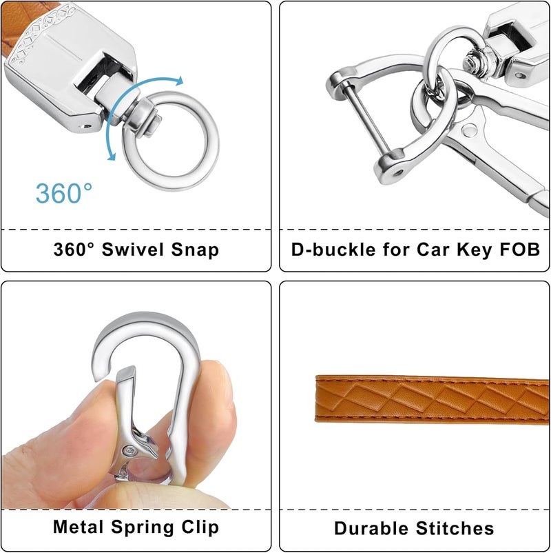 OHKYOOT Store Leather Wristlet Keychain,Car Key Chain Wrist Keychain with 3 Key Ring and Anti-Lost D Ring (Brown Silver) - Image 2